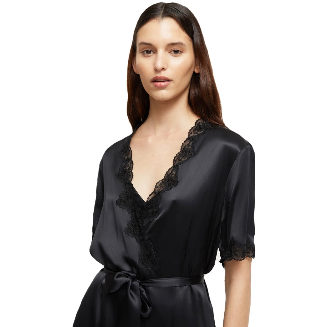 Ginia Silk Short Wrap Gown with Lace Trim Black